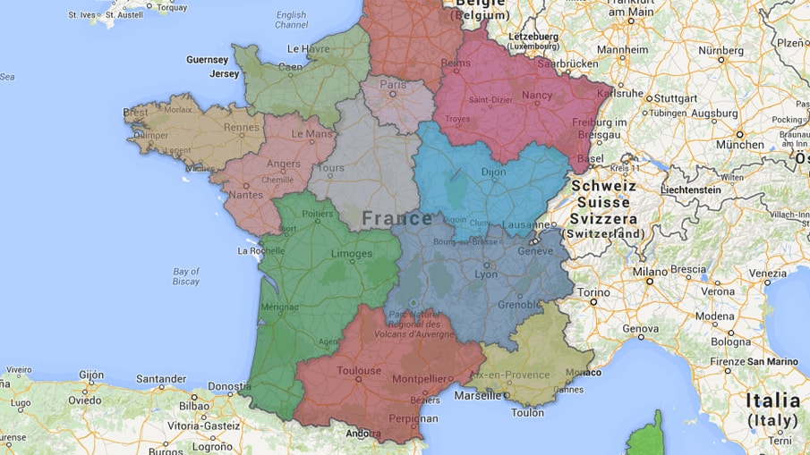 Les Regions ву la France sur la carte. L'Hexagone France. France paysage Map.