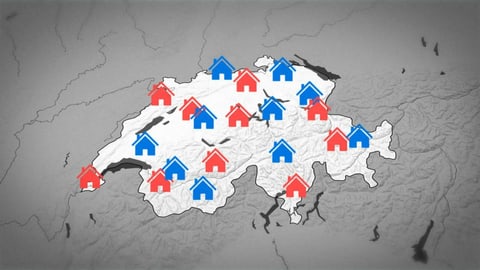 Schweizerkarte, übersäht mit blauen und roten Häuschen