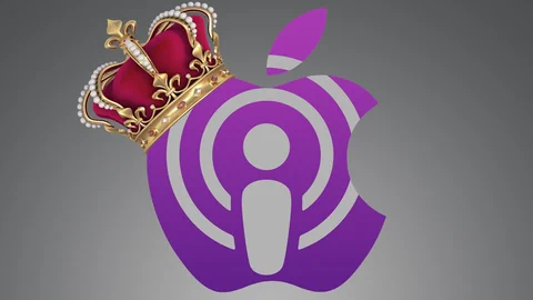 Das Apple-Logo mit darübergelegtem Podcast-Logo und einer Krone