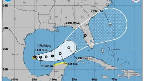 Wetterkarte mit Hurrikanprognose über den Golf von Mexiko und Südosten der USA.