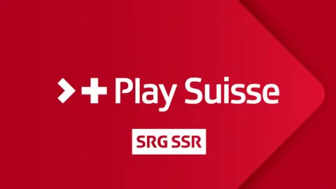 Weisse Schrift auf rotem Grund. Der Schriftzug: Play Suisse, SRG SSR.