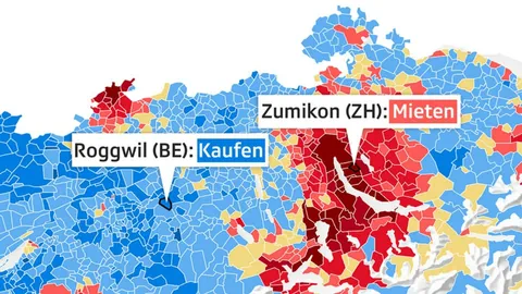 Kartenausschnitt mit Roggwil (BE) und Zumikon (ZH) markiert