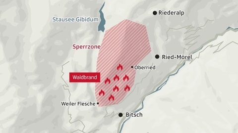 Eine Karte zur Lage des Waldbrandes zwischen der Riederalp und Brig.