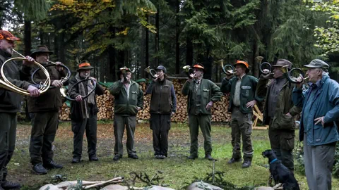 Eine Gruppe Jagdhornbläser spielt im Wald vor erlegten Tieren.