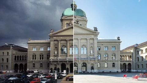 Sicht auf das Bundeshaus. Der linke Ausschnitt zeigt 1999 mit dem Parkplatz, rechts 2023 der neue Bundesplatz