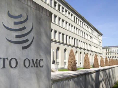 Blick auf ein Gebäude mit einem Schriftzug: WTO OMC