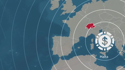 Europakarte, die Schweiz ist rot eingefärbt. Von Malta bietet eine IT-Firma  ihre Internetseiten auch in die Schweiz an.