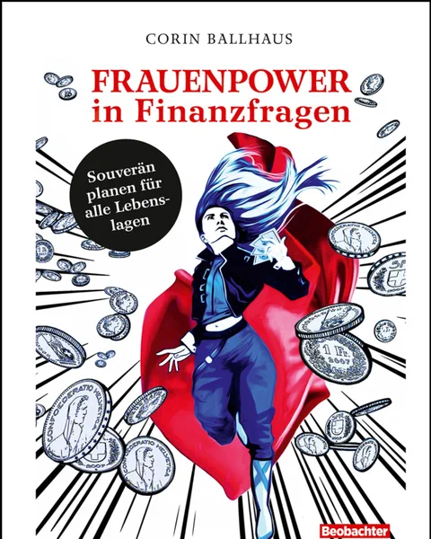 Buchcover mit einer Frau in einem roten Cape, die durch einen Münzenhagel fliegt.