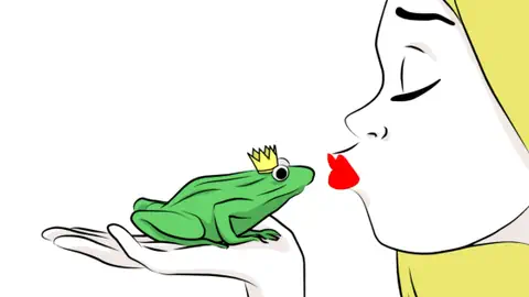 Gezeichnet: Eine Blonde Frau mit roten Lippen küsst einen grünen Frosch. 