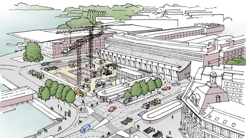 Visualisierung des Bahnhofsplatzes während des Baus des Luzerner Durchgangsbahnhofs.