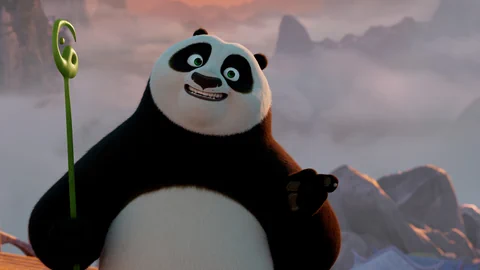 Szene aus Animationsfilm: Panda hält einen grünen Stab.