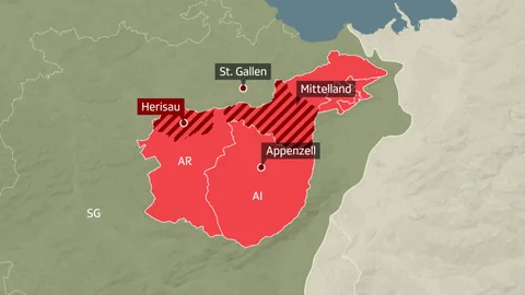 Karte der Kantone Appenzell Inner- und Ausserrhoden. Die an die Stadt St. Gallen grenzenden Gebiete sind schraffiert.