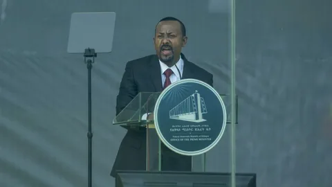 Abiy spricht an einem Stehpult in ein Mikrofon.