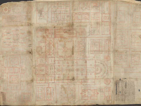 Eine alte Zeichnung des St. Galler Klosterplans.