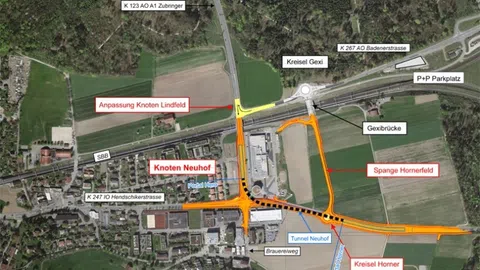 Eine Karte zeigt die verschiedenen Bauprojekte im Gebiet Autobahnzubringer A1 Lenzburg