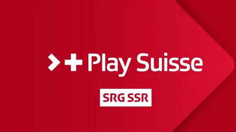 Eine rote Grafik mit weissem Schriftzug: Play Suisse, SRG SSR