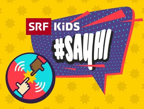 Buntes Logo mit dem Schriftzug SRF Kids #SayHi