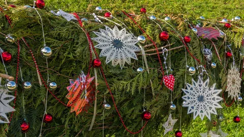 Sterne und Christbaumkugeln schmücken den Kranz.