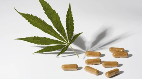 Braune Tabletten liegen neben einem Cannabis-Blatt.