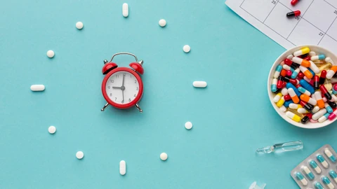 Roter Wecker mit Pillen als Uhr auf blauem Hintergrund.