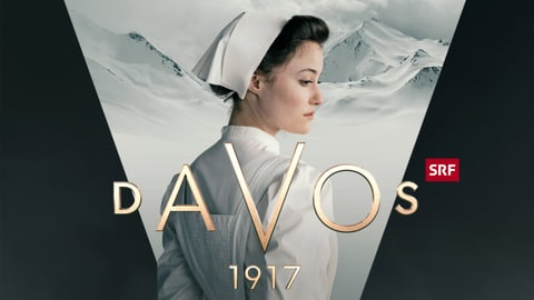 Keyvisual von Davos 1917: Eine Krankenschwester vor Bergpanorama