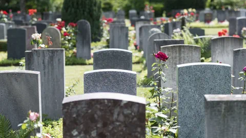 Auf einem Friedhof befinden sich viele Grabsteine.