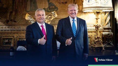  Orbán und Trump mit Daumen hoch, stehend vor einem dekorativen Hintergrund.