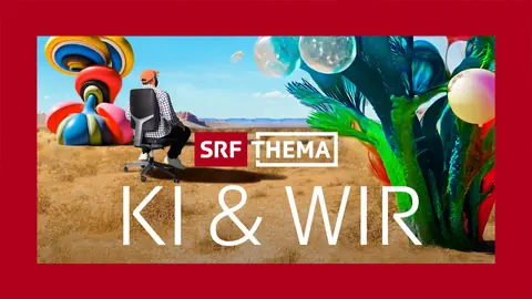 Schrift «SRF Thema: KI & WIR» vor bunter Fantasiewelt