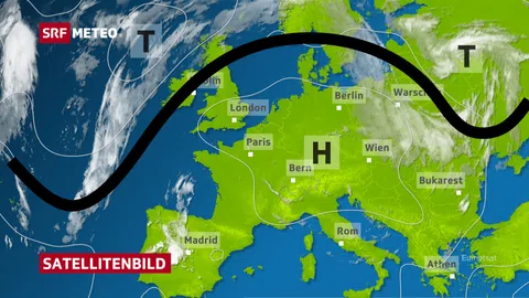 Isobarenkarte von Europa mit Wolken und eingezeichnetem Omega-Verlauf.