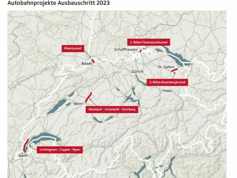 Karte mit Autobahnprojekten in der Schweiz 2023.