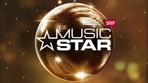 Das Logo von MusicStar: Eine goldene Diskokugel mit dem Schriftzug: MusicStar.