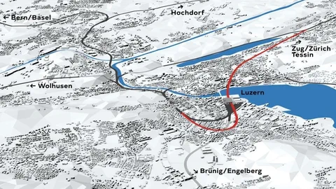 Plan der neuen Linienführung mit dem Durchgangsbahnhof Luzern.