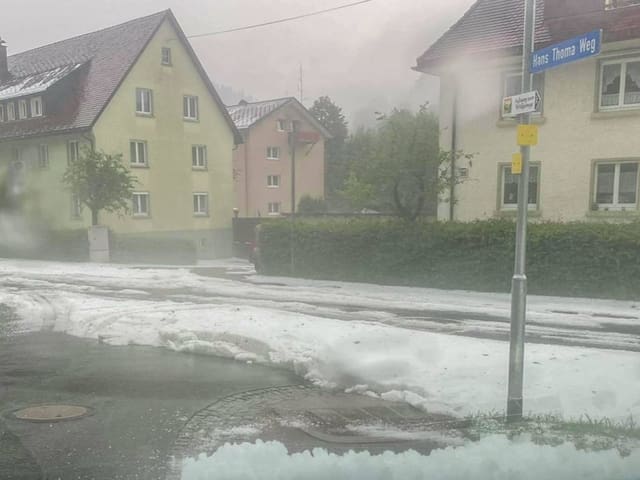 Strasse mit Schnee bedeckt und Strassenschild Hans-Thoma-Weg.