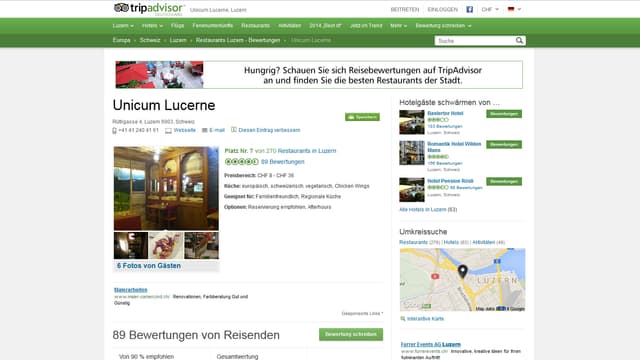 Tripadvisor-Eintrag für das «Unicum» in Luzern: Platz 7 von 290