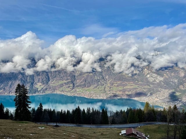 Blick auf See mit Bergen dahinter. Die Landschaft ist frei von Schnee.