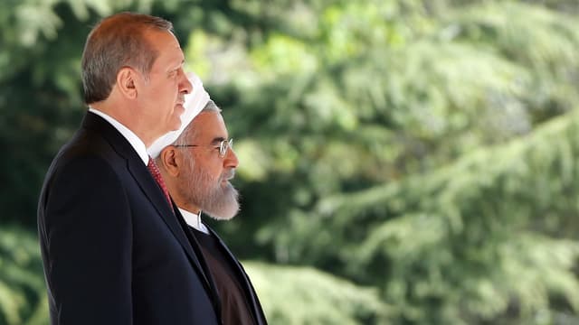 Präsident Erdogan und sein iranischer Amtskollege Hassan Rohani stehen nebeneinander vor Bäumen.