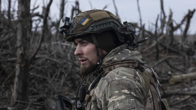 Soldat mit Helm und Tarnuniform in einer verwüsteten Waldlandschaft.