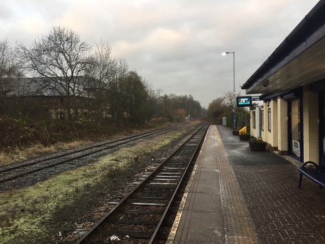 Bahnsteig bei bewölktem Wetter mit Gleisen und Vegetation.