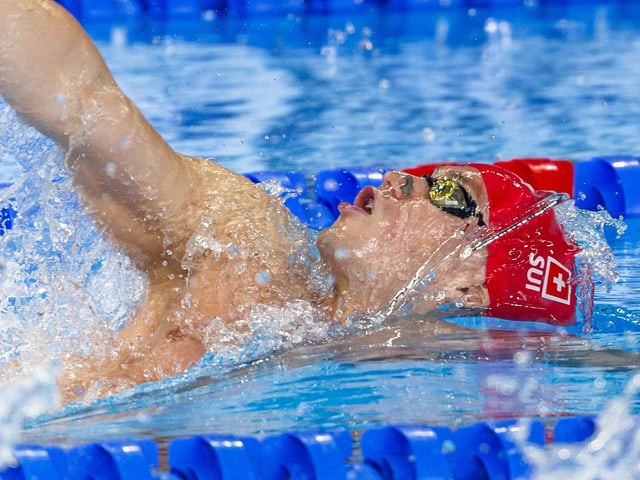 Schwimmer im roten Badeanzug beim Rückenschwimmen im Schwimmbecken.