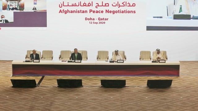 View in the meeting room of the peace talks in Doha.