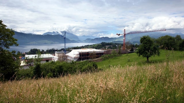 Blick auf Wiese, darunter Baustellen am Seeufer