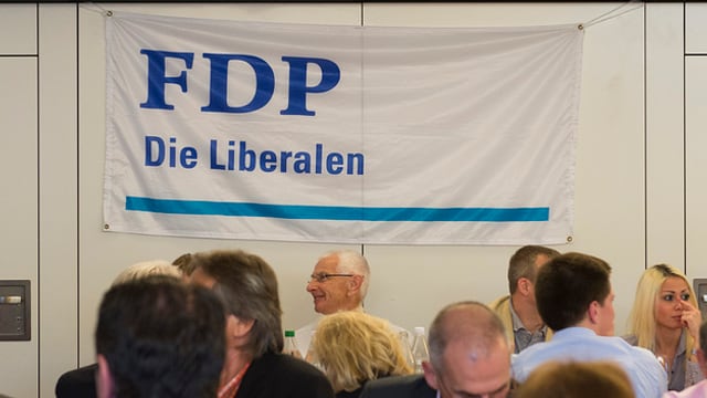 Leute sitzen an einer Delegiertenversammlung der FDP