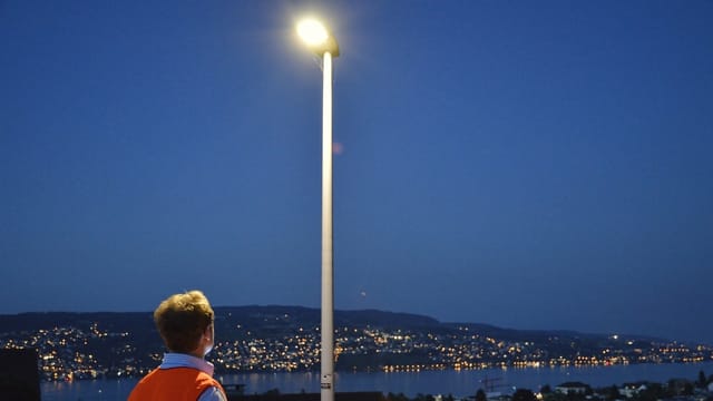 Eine Strassenlampe läuchtet, im Hintergrund der Zürichsee.