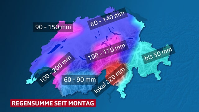 Schweizerkarte mit Regenmengen seit Montag