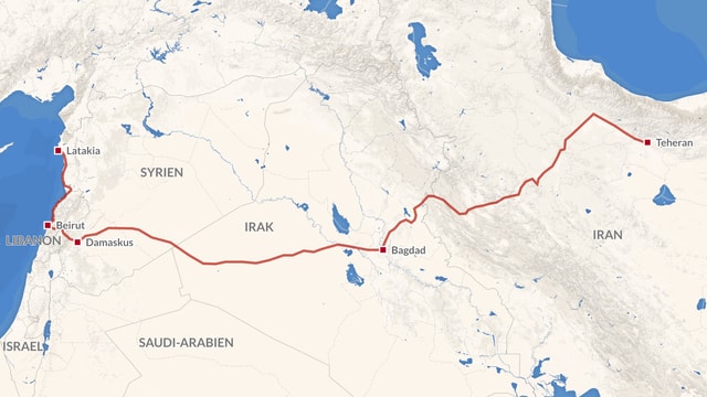 Karte vom Teheran bis Latakia an der Syrischen Küste