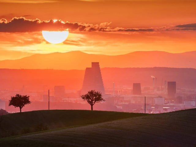 Sonnenuntergang über Basel mit markantem Hochhaus und Bäumen im Vordergrund.