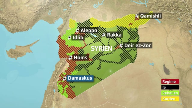 Karte Syriens mit Einflussgebieten der diversen Konfliktparteien. 