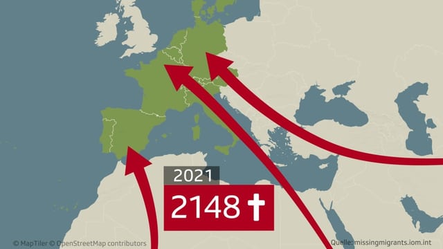 Karte von Europa mit den Fluchtbewegungen aus Nordafrika und Asien. 2148 Menschen starben 2021 beim Fluchtversuch.