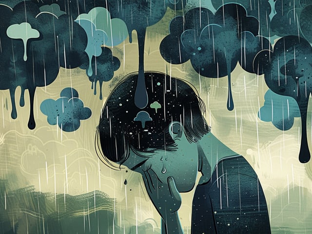 Illustration von trauriger Person im Regen unter dunklen Wolken.