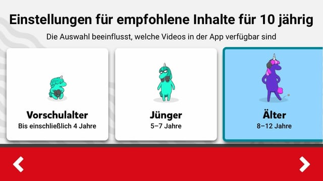 Screenshot Auswahl verschiedener Alterskategorien der Kinder in der YouTube Kids App